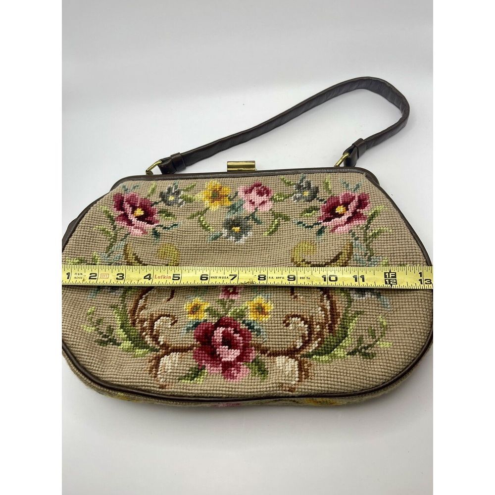 Vtg Petit Point Needlework Purse Handbag Floral Gold Clasp 50s60s - Picture 12 of 14